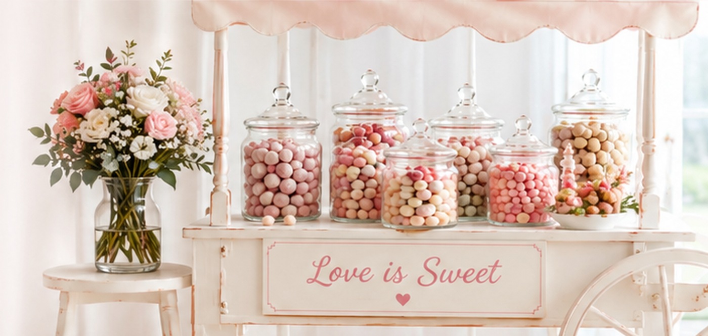 A professionally styled wedding sweet cart