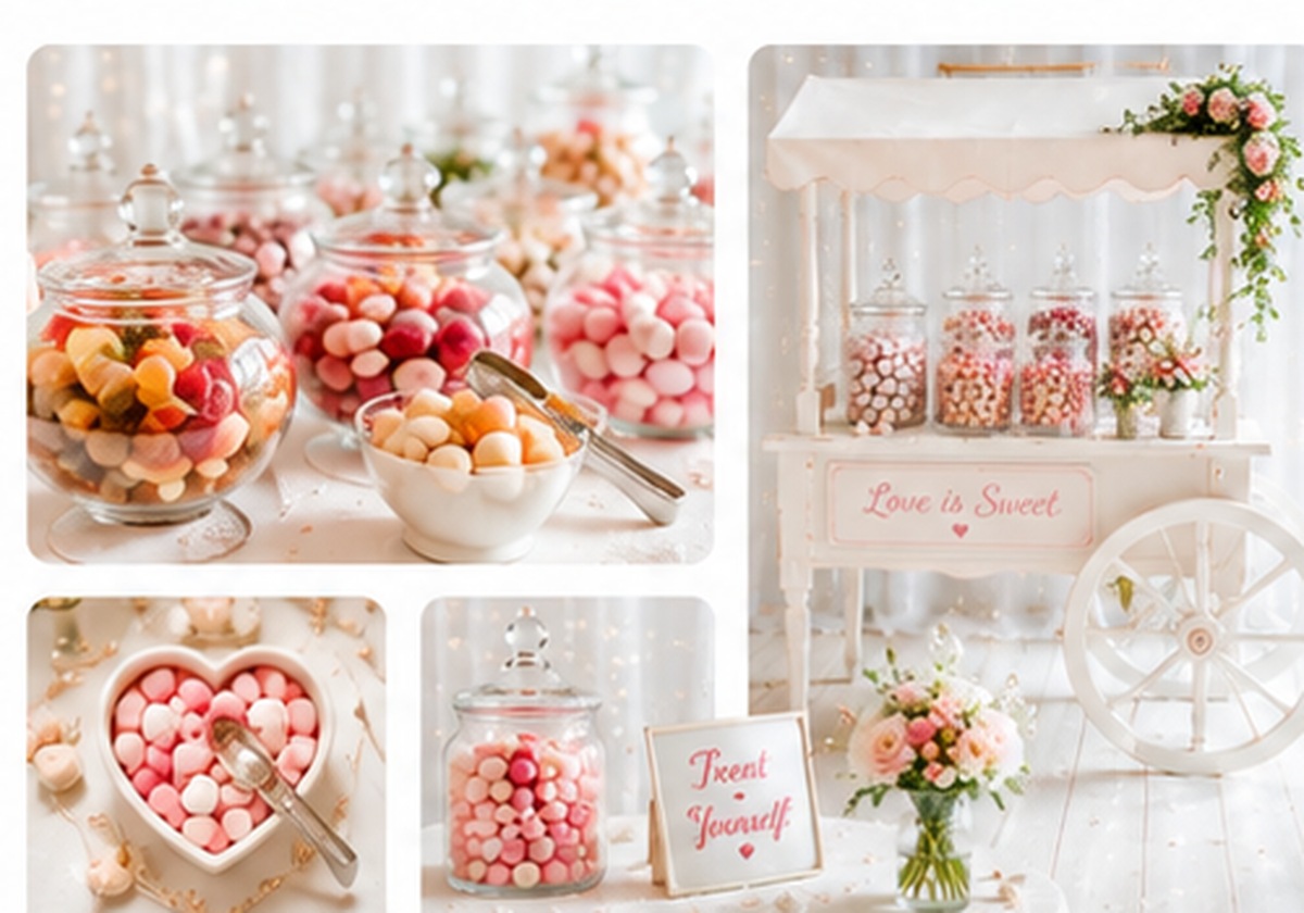 A collection of beautifully styled wedding sweet displays
