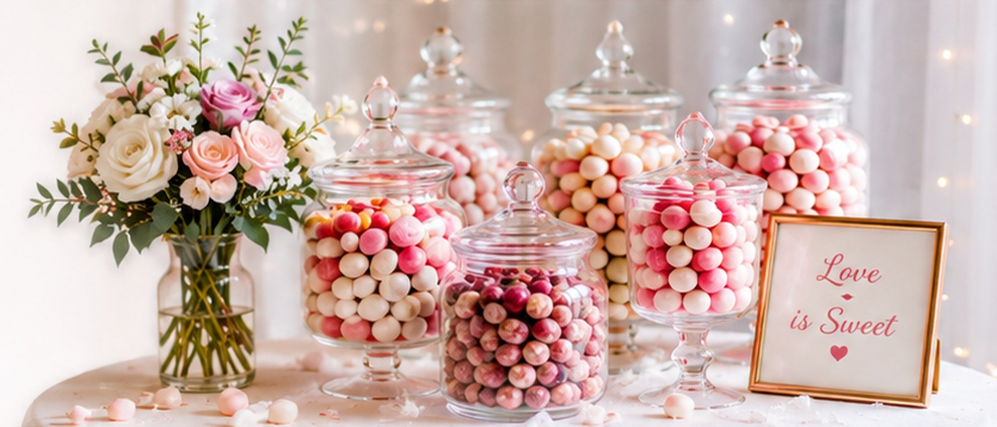 Elegant wedding sweet jars styled with flowers