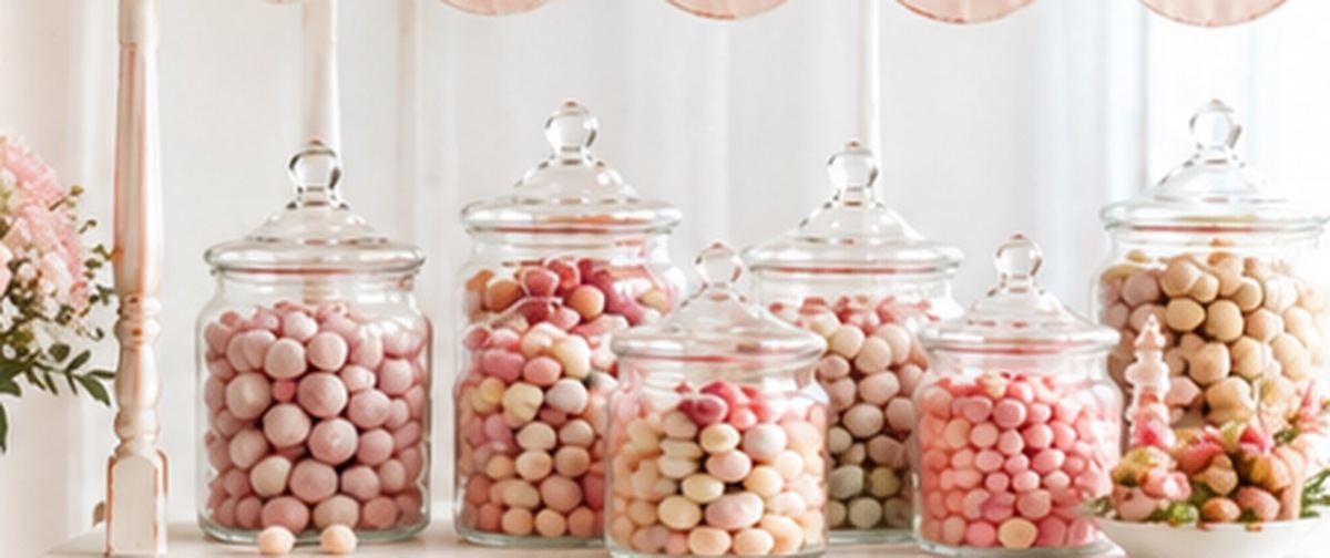 A colourful selection of wedding sweets in glass jars