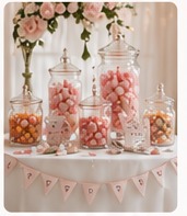 Styled wedding sweet table with jars and decorations