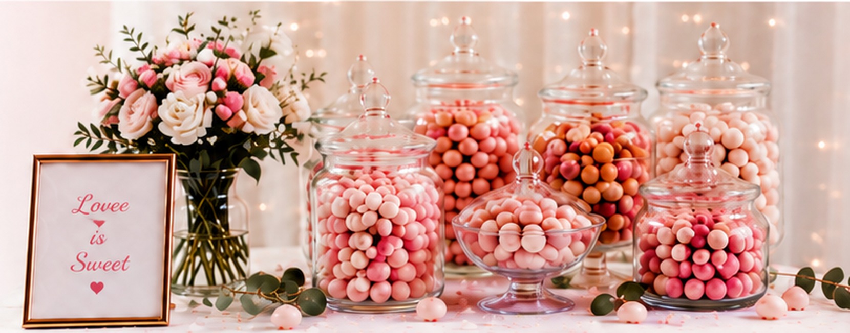 Elegant pink wedding sweet display with glass jars, flowers and Love is Sweet sign
