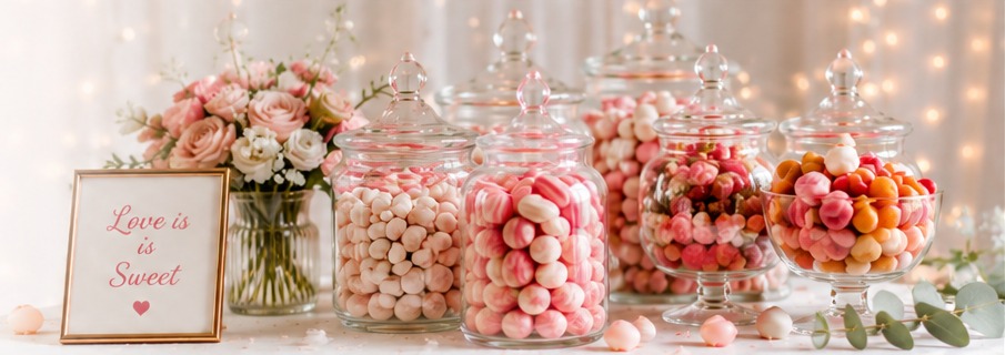 A beautifully styled wedding sweet display with glass jars and flowers