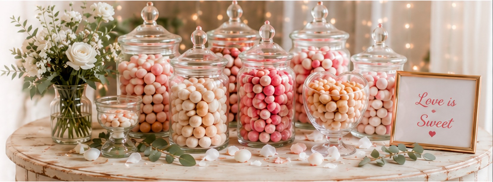 Elegant wedding sweet display with glass jars, flowers and pastel sweets
